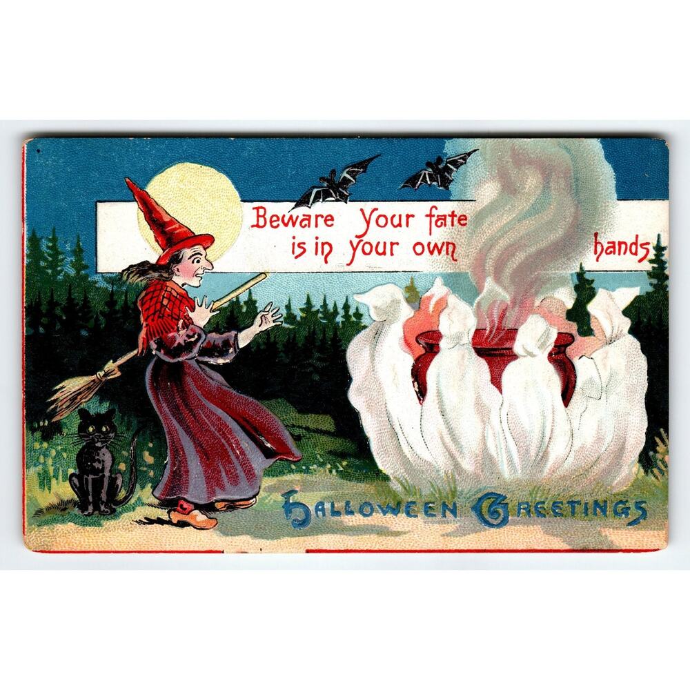 Vintage 1910 Halloween Witch & Ghosts Lithograph Postcard Witchcraft Cauldron